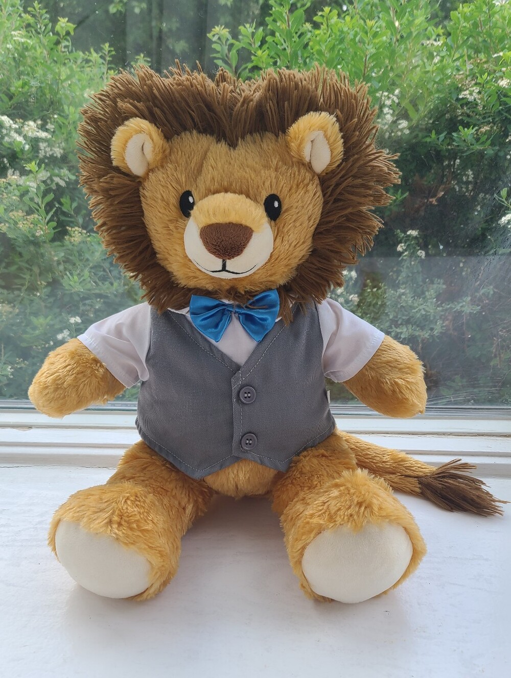 🦁 Build-A-Bear Lovable Lion Plush Stuffed Animal with Gray Vest & Blue Bow Tie